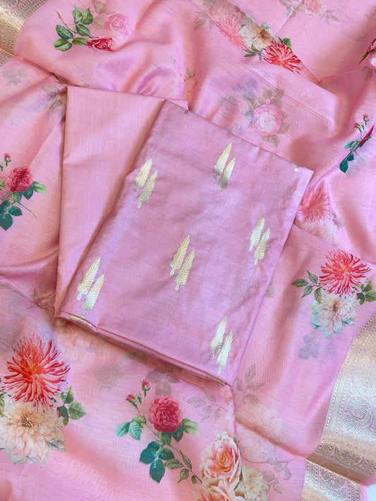 Pink Pure Mercerise Silk Floral Zari Dual Booti with Digital Print Dupatta Suit Set 1SKL_MP8