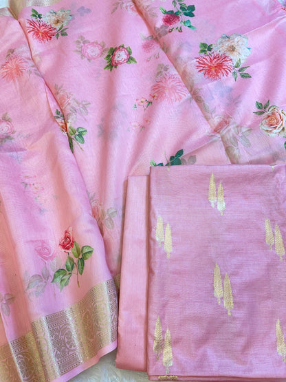 Pink Pure Mercerise Silk Floral Zari Dual Booti with Digital Print Dupatta Suit Set 1SKL_MP8