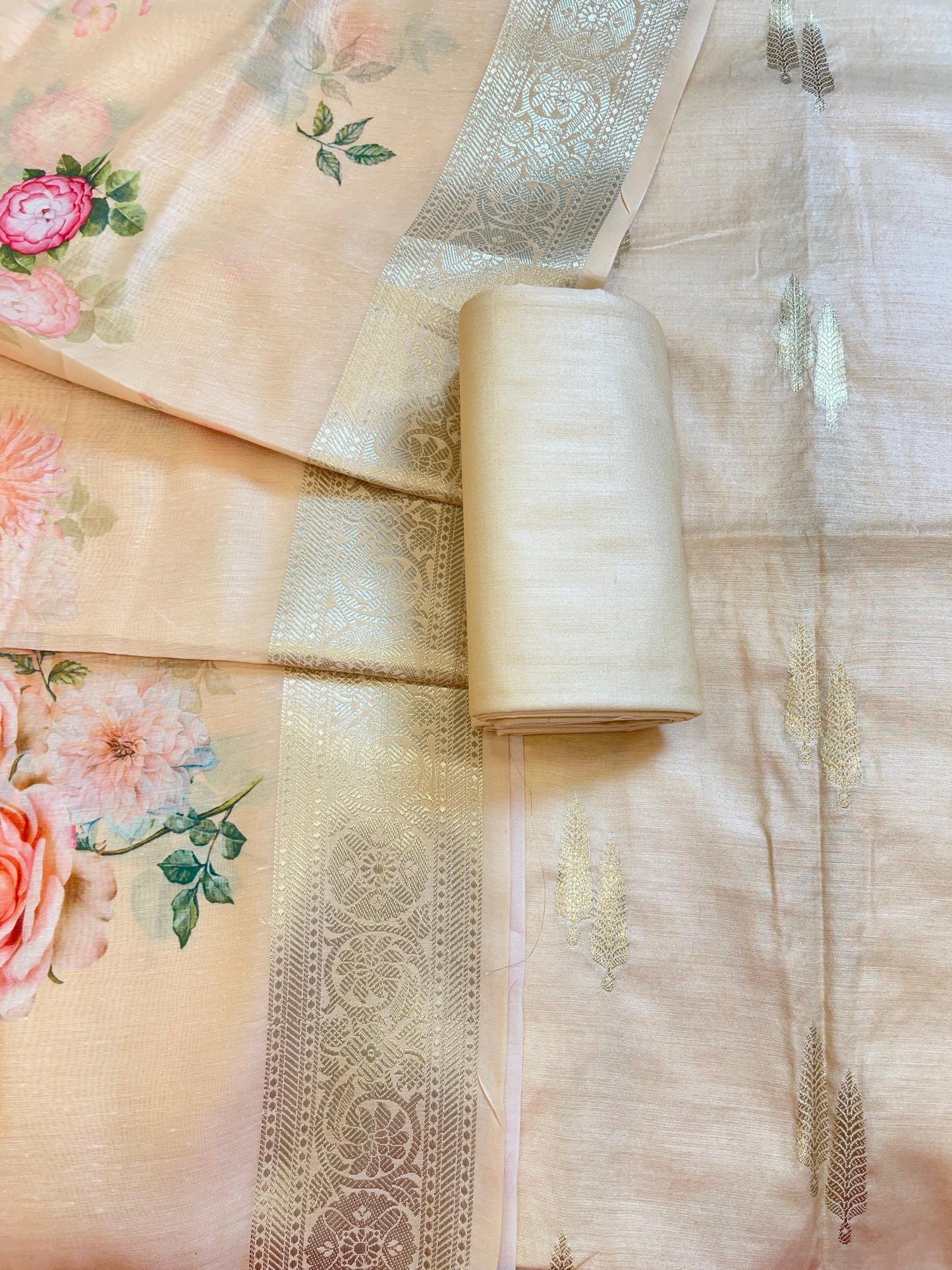 Light Orange Pure Mercerise Silk Floral Zari Dual Booti with Digital Print Dupatta Suit Set 1SKL_MP10