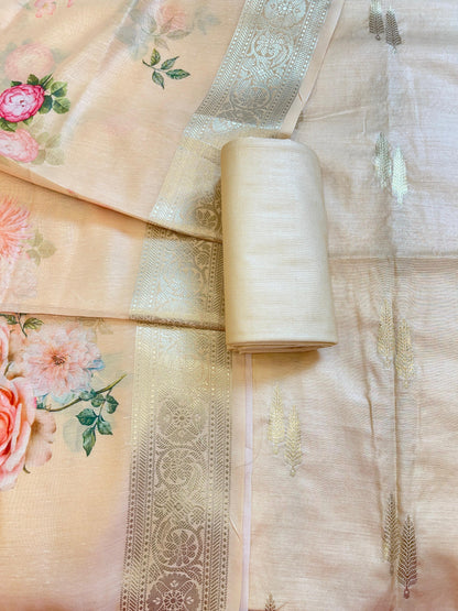 Light Orange Pure Mercerise Silk Floral Zari Dual Booti with Digital Print Dupatta Suit Set 1SKL_MP10