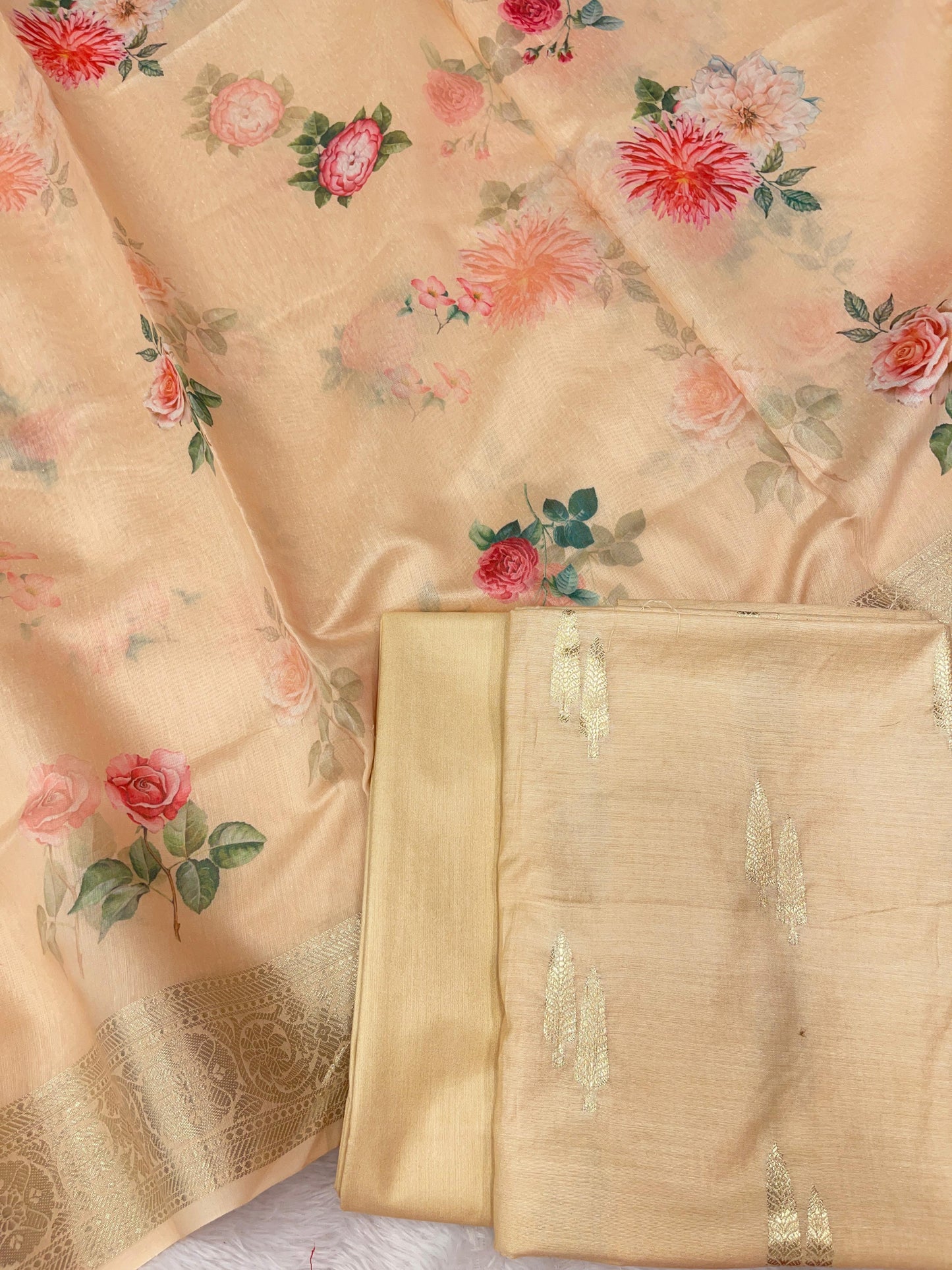 Light Orange Pure Mercerise Silk Floral Zari Dual Booti with Digital Print Dupatta Suit Set 1SKL_MP10