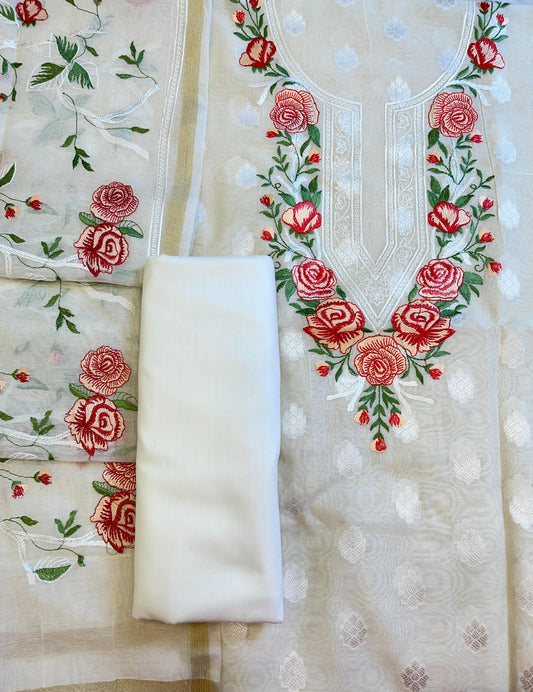 Off white Pure Mercerise Embroidery Necklace Banarasi 3 pcs Suit Set 12SKL_MN1