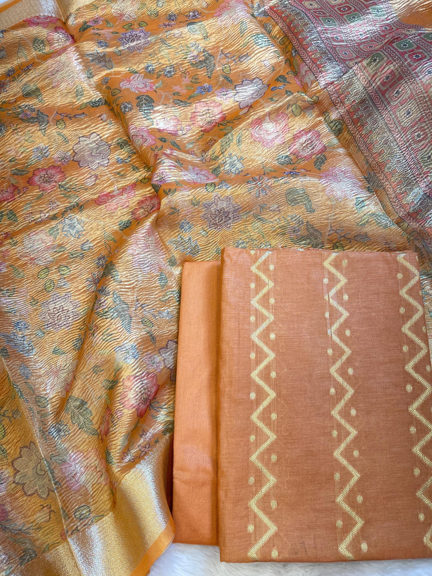 Light Orange Pure Mercerise Cotton Zig-Zag Zari with Crush Tissue Print Dupatta Suit Set 11SKL_MC1