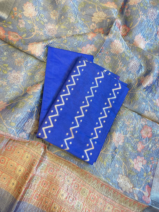 Violet Blue Pure Mercerise Cotton Zig-Zag Zari with Crush Tissue Print Dupatta Suit Set 11SKL_MC2