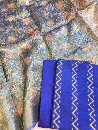 Violet Blue Pure Mercerise Cotton Zig-Zag Zari with Crush Tissue Print Dupatta Suit Set 11SKL_MC2