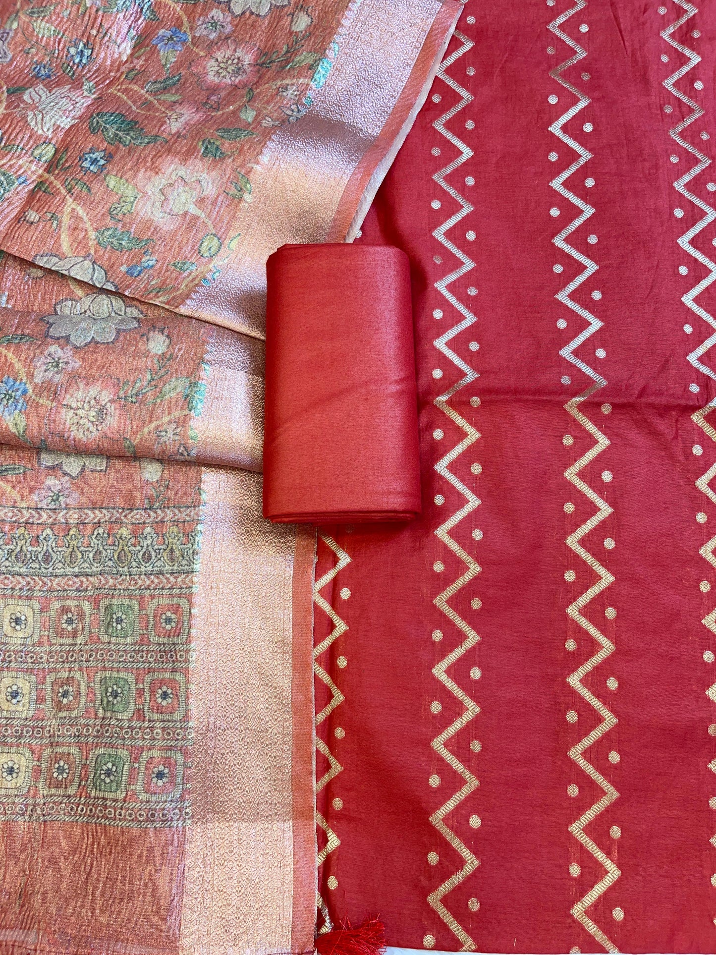 Red Pure Mercerise Cotton Zig-Zag Zari with Crush Tissue Print Dupatta Suit Set 11SKL_MC3