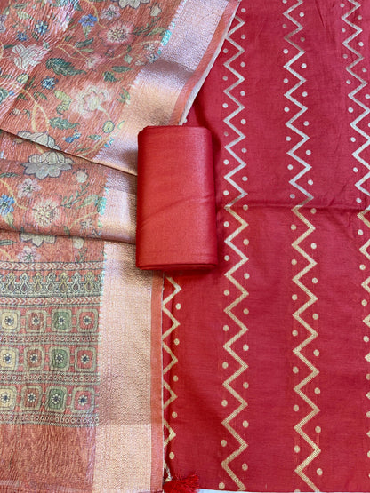 Red Pure Mercerise Cotton Zig-Zag Zari with Crush Tissue Print Dupatta Suit Set 11SKL_MC3
