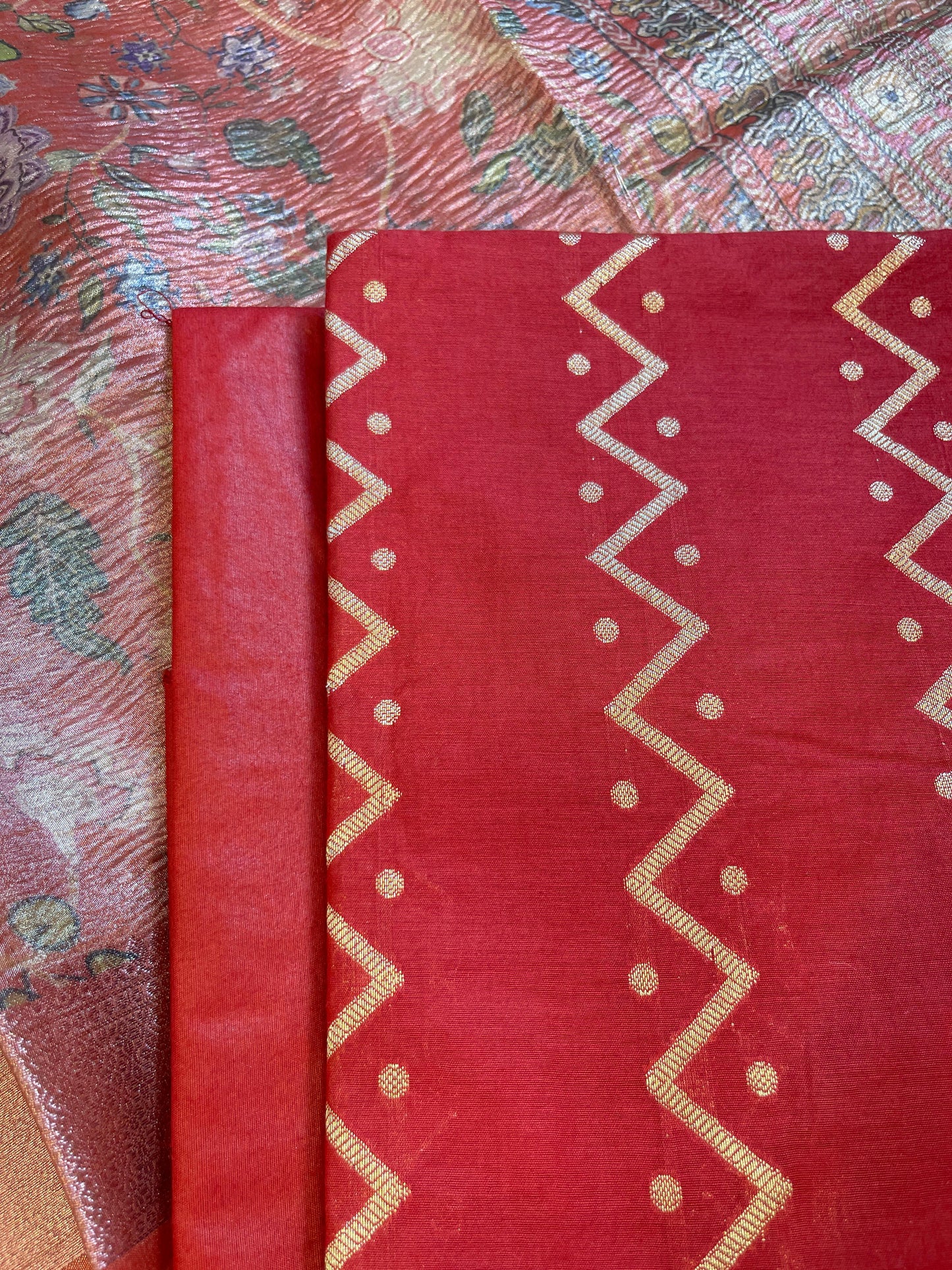 Red Pure Mercerise Cotton Zig-Zag Zari with Crush Tissue Print Dupatta Suit Set 11SKL_MC3