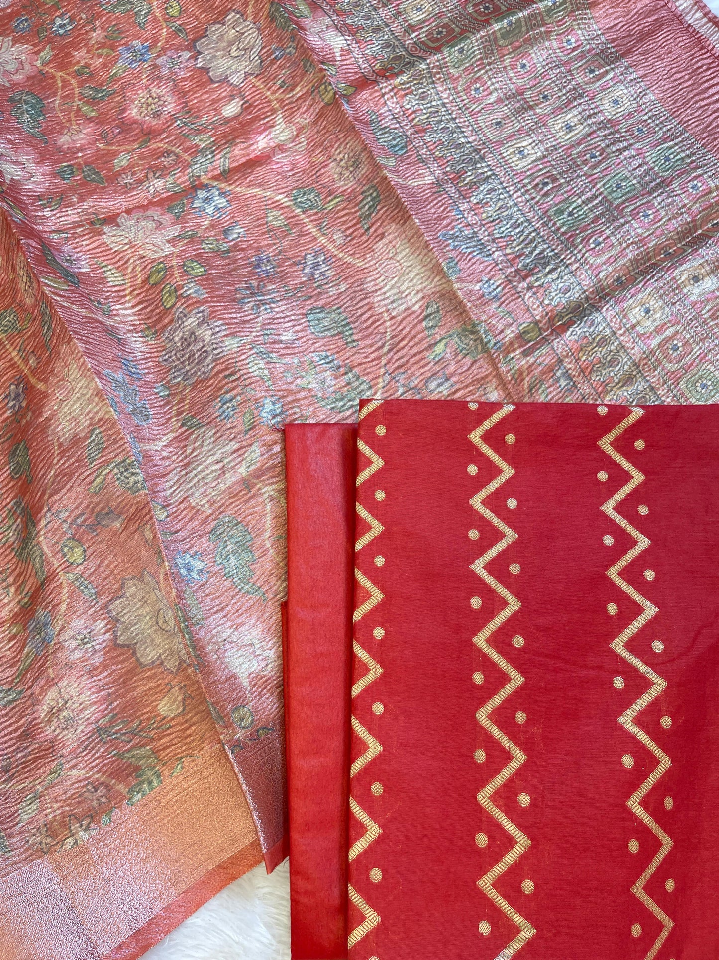 Red Pure Mercerise Cotton Zig-Zag Zari with Crush Tissue Print Dupatta Suit Set 11SKL_MC3