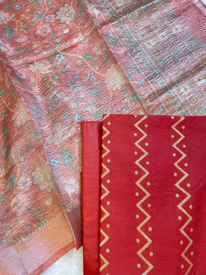 Red Pure Mercerise Cotton Zig-Zag Zari with Crush Tissue Print Dupatta Suit Set 11SKL_MC3