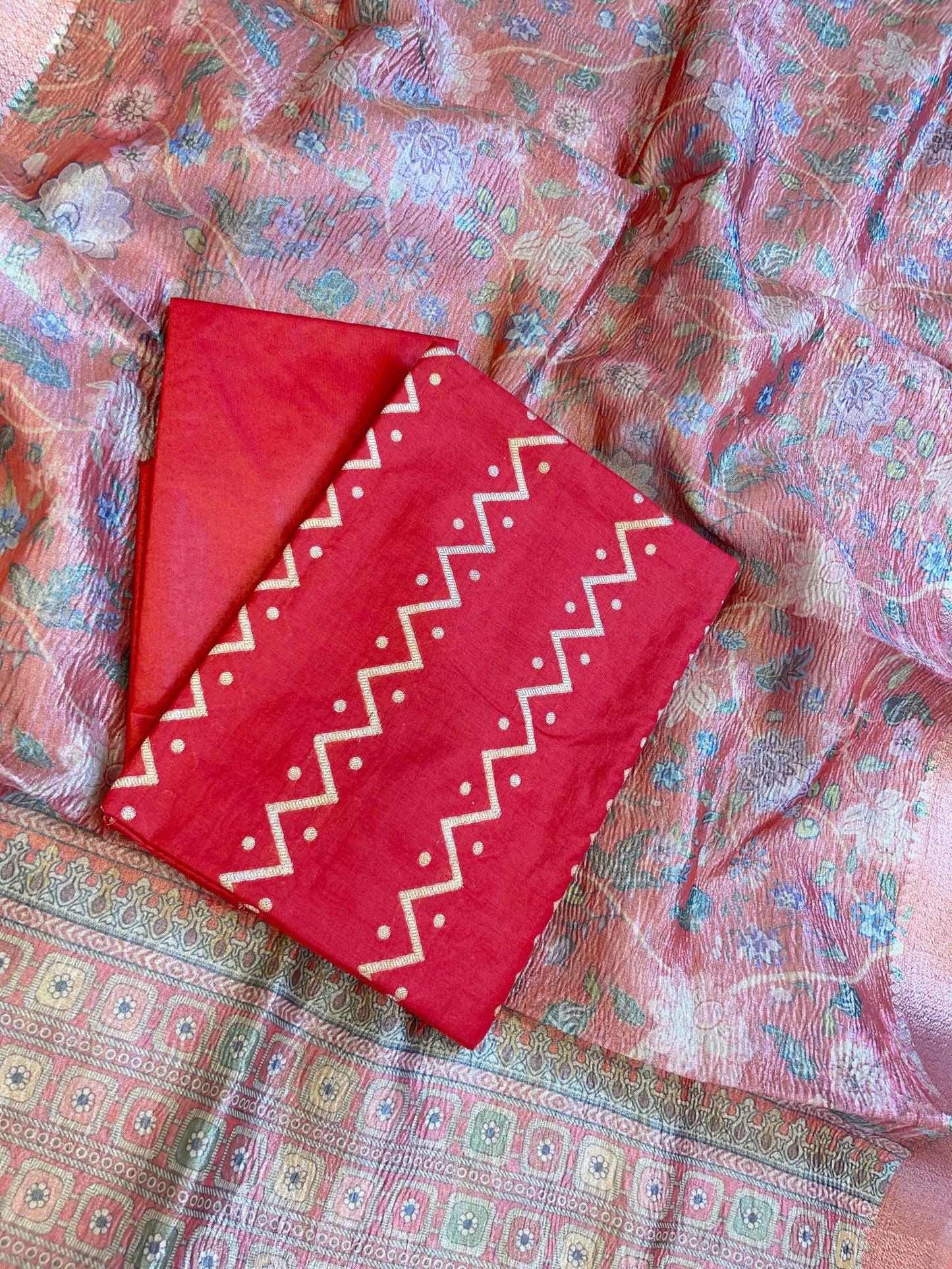 Red Pure Mercerise Cotton Zig-Zag Zari with Crush Tissue Print Dupatta Suit Set 11SKL_MC3