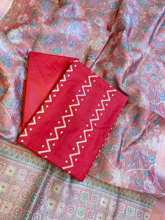 Red Pure Mercerise Cotton Zig-Zag Zari with Crush Tissue Print Dupatta Suit Set 11SKL_MC3