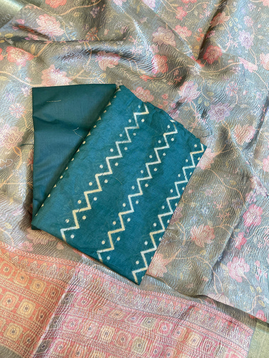Dark Green Pure Mercerise Cotton Zig-Zag Zari with Crush Tissue Print Dupatta Suit Set 11SKL_MC4