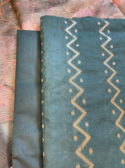 Dark Green Pure Mercerise Cotton Zig-Zag Zari with Crush Tissue Print Dupatta Suit Set 11SKL_MC4