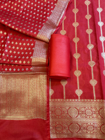 Red Mercerise Cotton Floral Stripe Zari with Chunri Booti Dupatta Banarasi Suit Set 1SKL_MC5