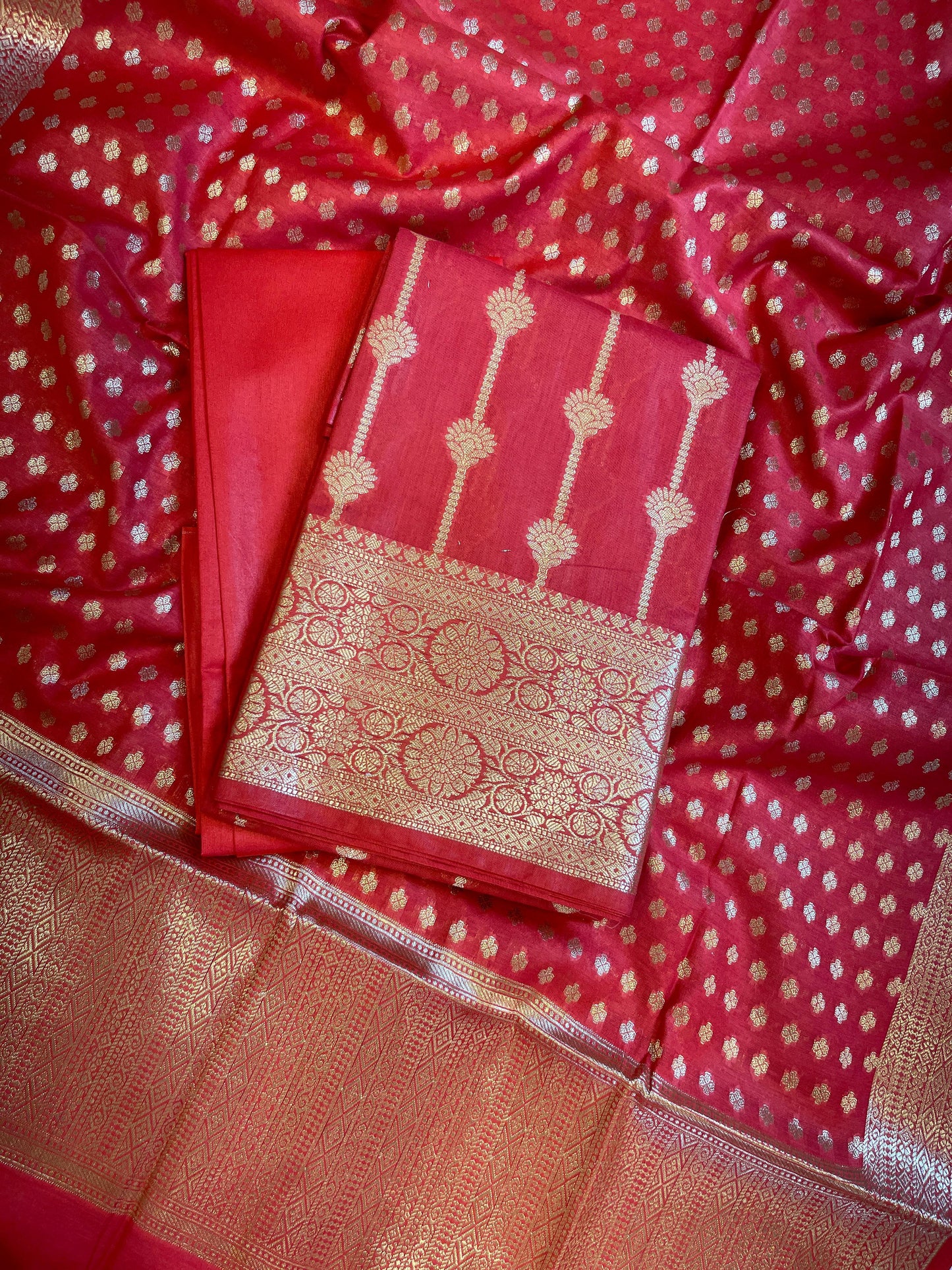 Red Mercerise Cotton Floral Stripe Zari with Chunri Booti Dupatta Banarasi Suit Set 1SKL_MC5