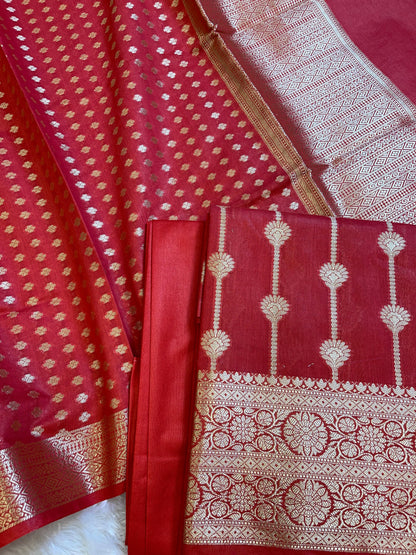 Red Mercerise Cotton Floral Stripe Zari with Chunri Booti Dupatta Banarasi Suit Set 1SKL_MC5