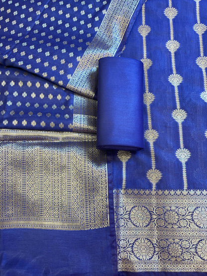 Navy Blue Mercerise Cotton Floral Stripe Zari with Chunri Booti Dupatta Banarasi Suit Set 1SKL_MC6