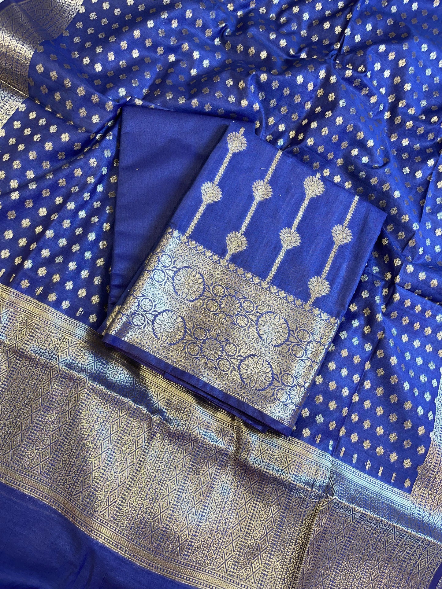 Navy Blue Mercerise Cotton Floral Stripe Zari with Chunri Booti Dupatta Banarasi Suit Set 1SKL_MC6