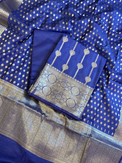 Navy Blue Mercerise Cotton Floral Stripe Zari with Chunri Booti Dupatta Banarasi Suit Set 1SKL_MC6