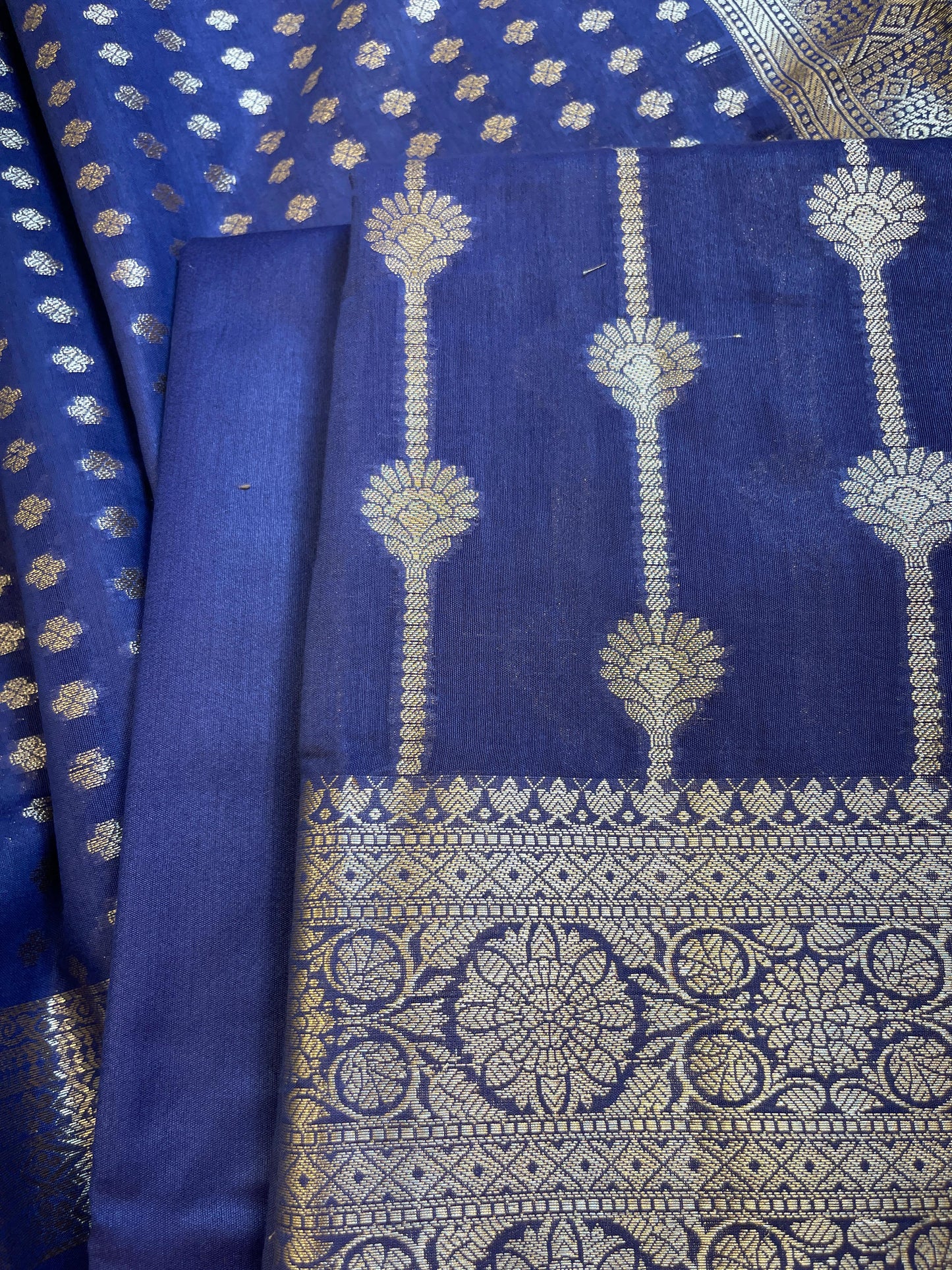 Navy Blue Mercerise Cotton Floral Stripe Zari with Chunri Booti Dupatta Banarasi Suit Set 1SKL_MC6