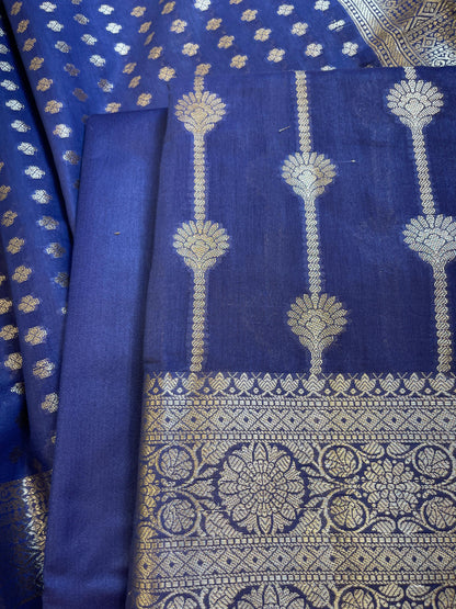Navy Blue Mercerise Cotton Floral Stripe Zari with Chunri Booti Dupatta Banarasi Suit Set 1SKL_MC6