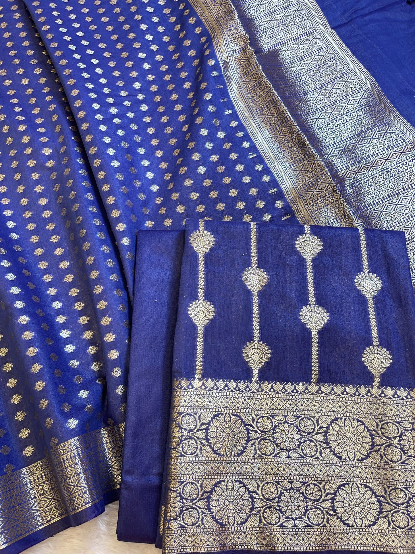 Navy Blue Mercerise Cotton Floral Stripe Zari with Chunri Booti Dupatta Banarasi Suit Set 1SKL_MC6