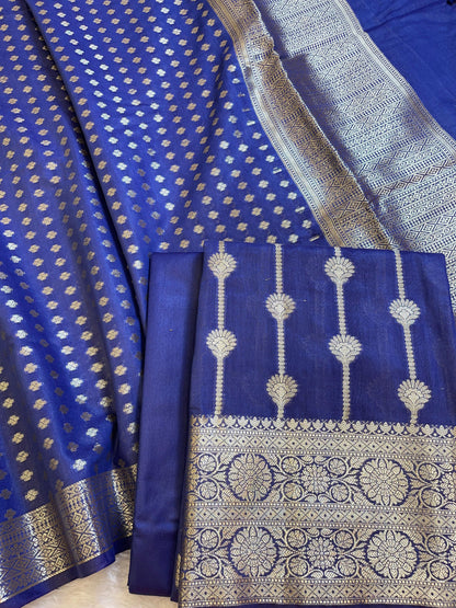 Navy Blue Mercerise Cotton Floral Stripe Zari with Chunri Booti Dupatta Banarasi Suit Set 1SKL_MC6