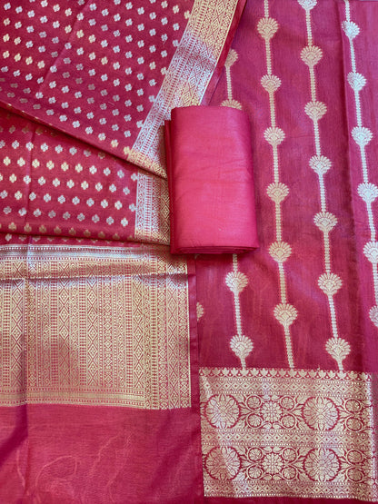Dark Pink Mercerise Cotton Floral Stripe Zari with Chunri Booti Dupatta Banarasi Suit Set 1SKL_MC7