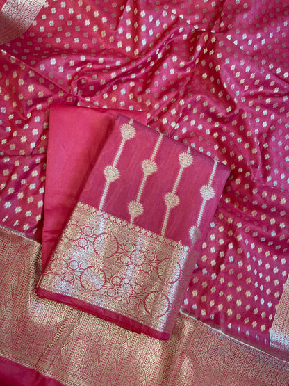 Dark Pink Mercerise Cotton Floral Stripe Zari with Chunri Booti Dupatta Banarasi Suit Set 1SKL_MC7