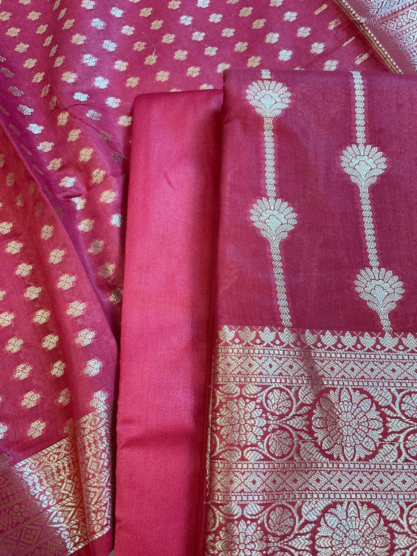 Dark Pink Mercerise Cotton Floral Stripe Zari with Chunri Booti Dupatta Banarasi Suit Set 1SKL_MC7