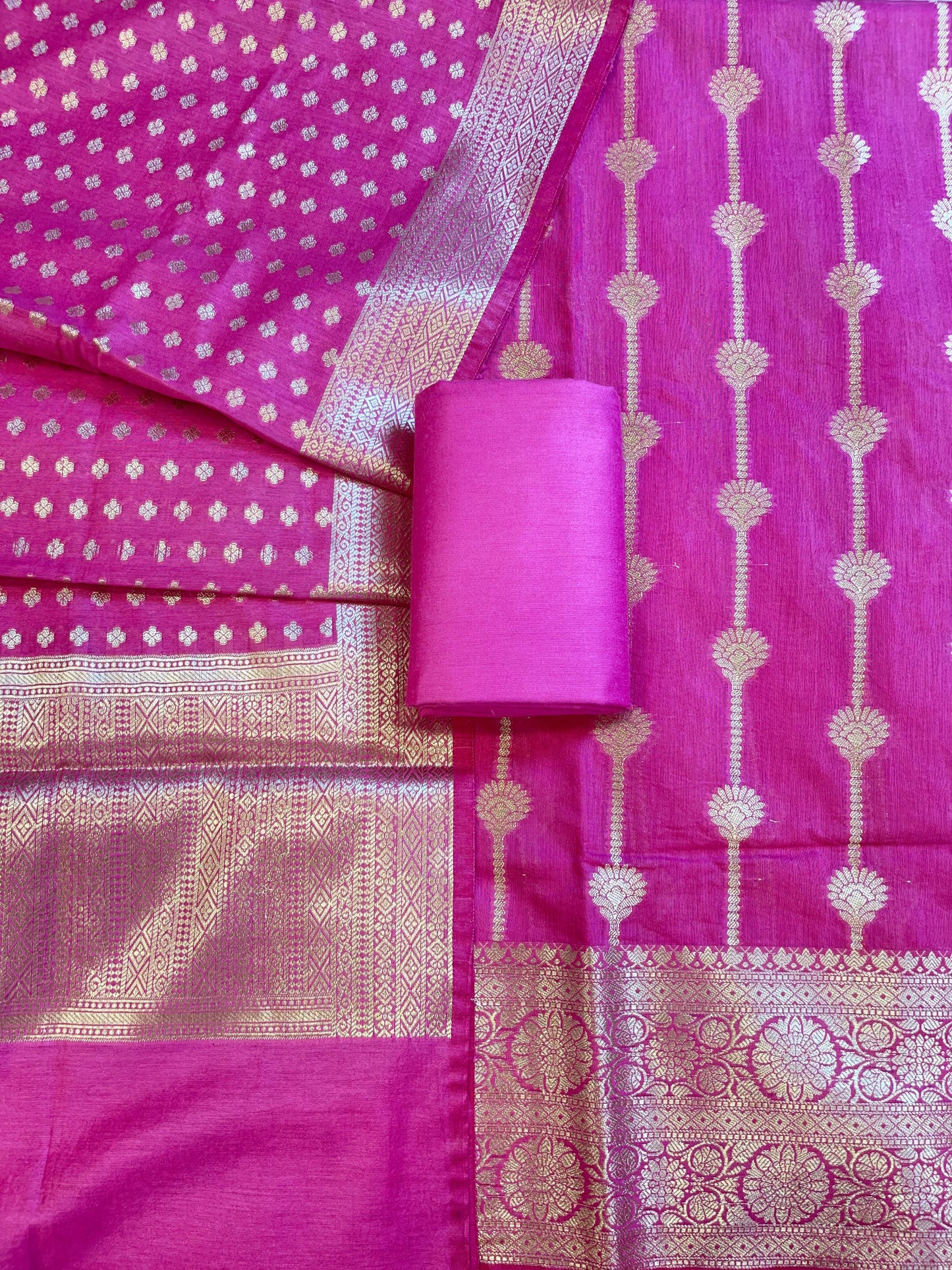 Magenta Mercerise Cotton Floral Stripe Zari with Chunri Booti Dupatta Banarasi Suit Set 1SKL_MC9