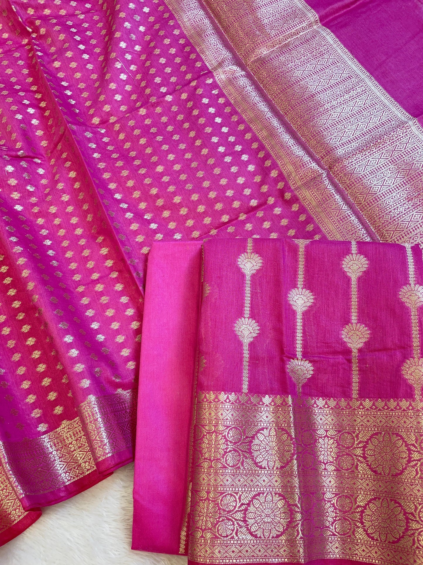 Magenta Mercerise Cotton Floral Stripe Zari with Chunri Booti Dupatta Banarasi Suit Set 1SKL_MC9