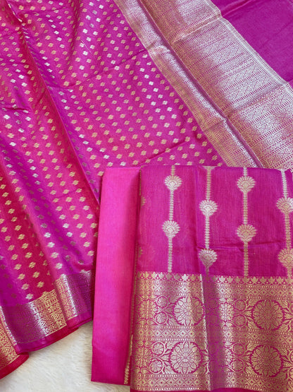 Magenta Mercerise Cotton Floral Stripe Zari with Chunri Booti Dupatta Banarasi Suit Set 1SKL_MC9