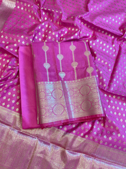 Magenta Mercerise Cotton Floral Stripe Zari with Chunri Booti Dupatta Banarasi Suit Set 1SKL_MC9