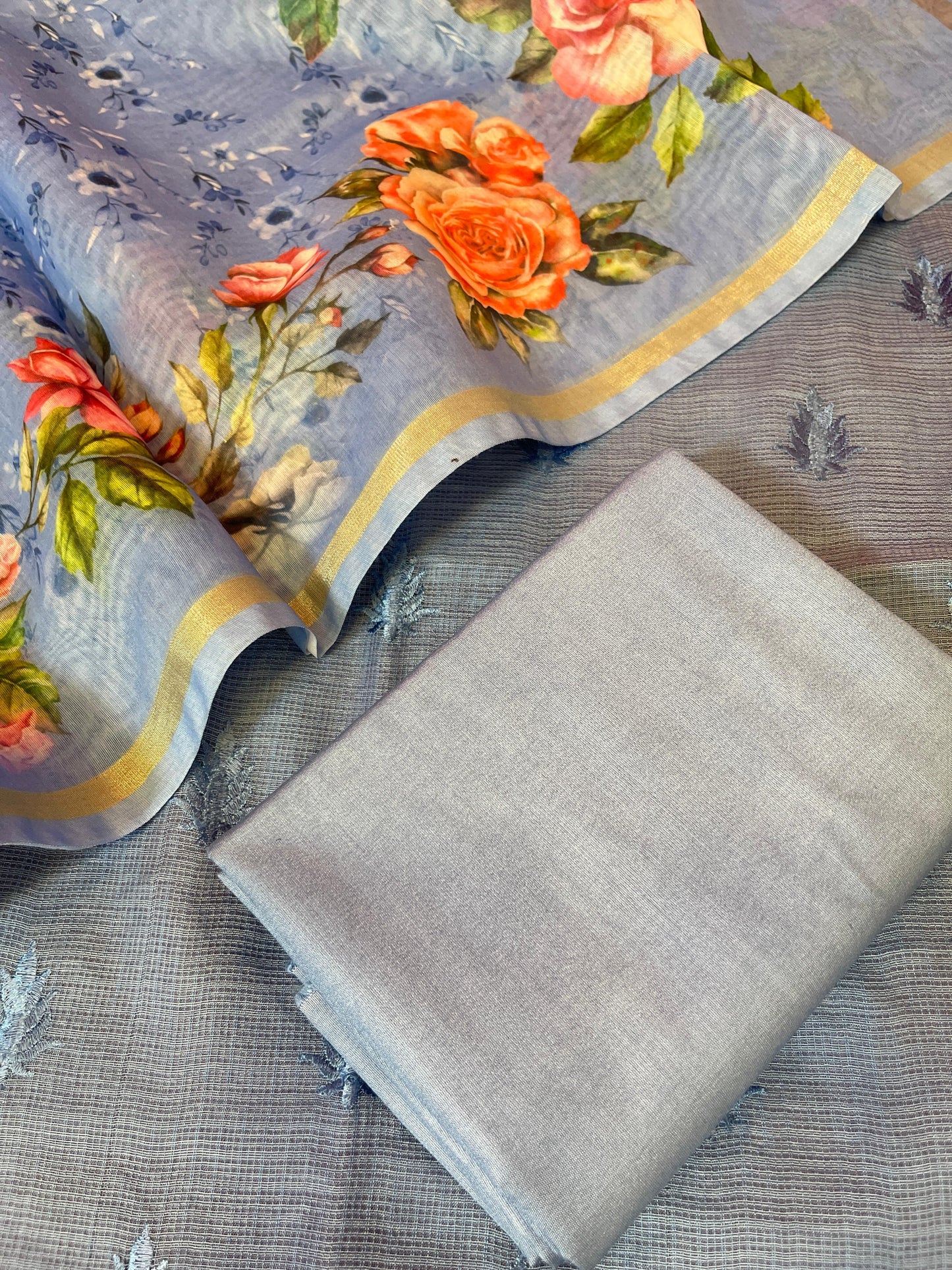 Grey Kota Check Resham Embroidery with Digital Print Dupatta Banarasi Suit Set 1SKL_KC13
