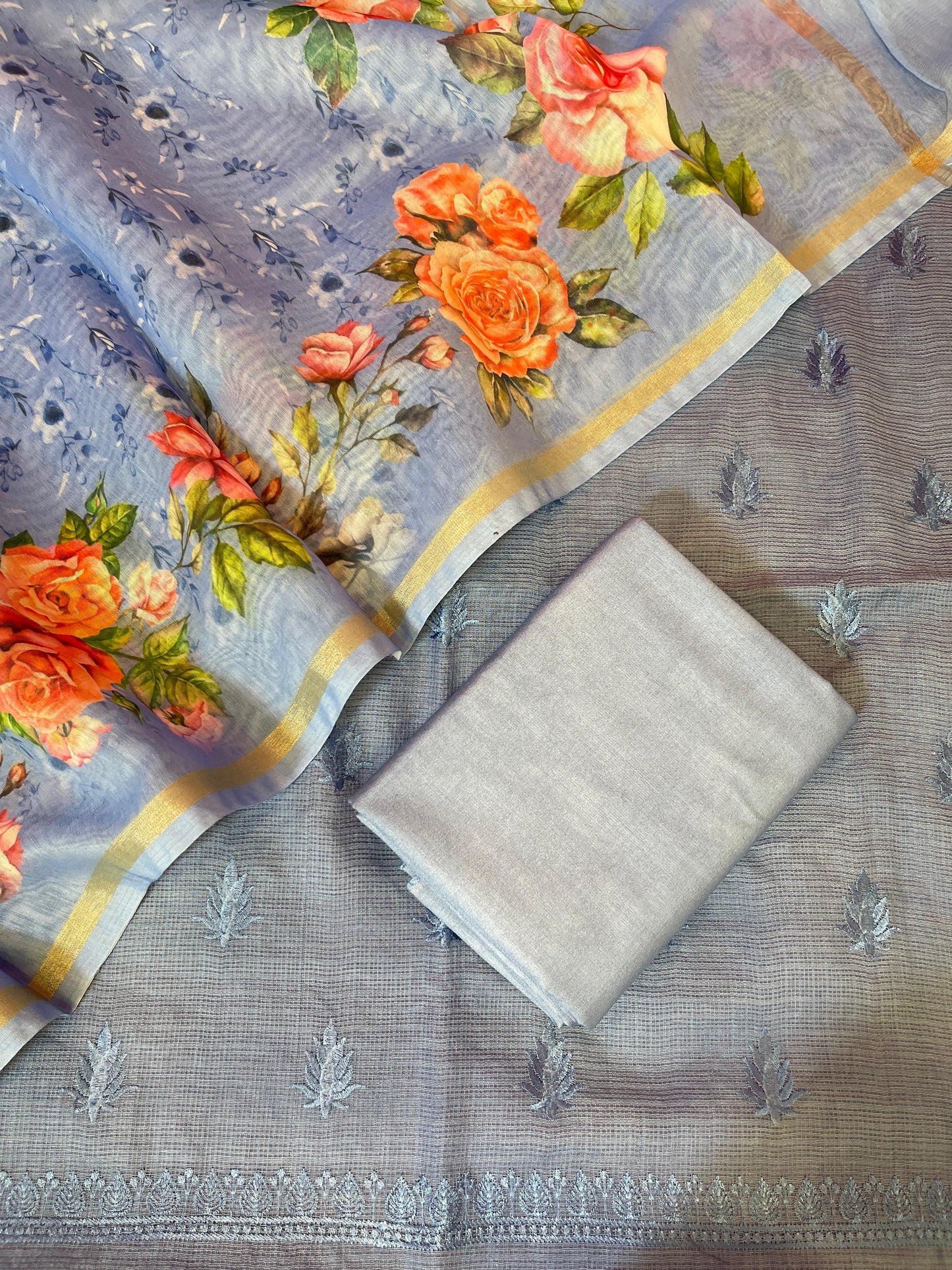 Grey Kota Check Resham Embroidery with Digital Print Dupatta Banarasi Suit Set 1SKL_KC13