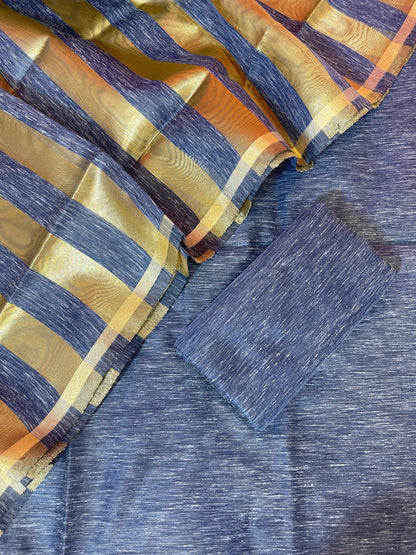 Navy Blue Linen Zari Stripe Banarasi 3 pcs Suit Set 6SKL_LN24