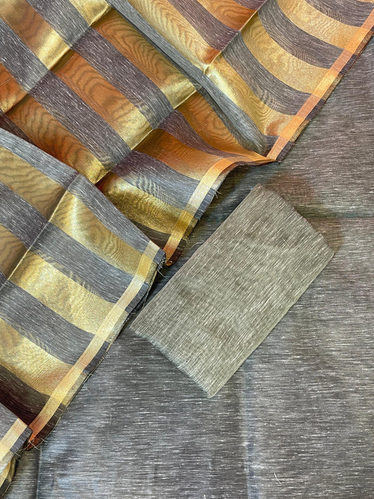 Grey Linen Zari Stripe Banarasi 3 pcs Suit Set 6SKL_LN25
