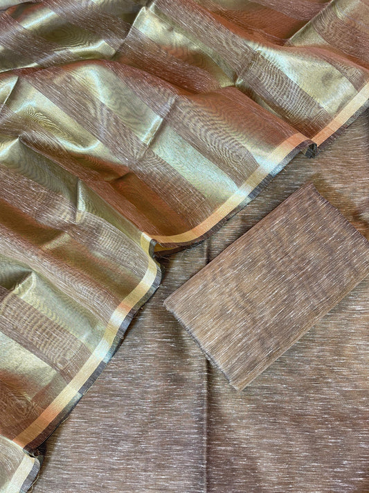 Brown Linen Zari Stripe Banarasi 3 pcs Suit Set 6SKL_LN26