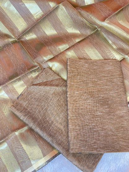 Brown Linen Zari Stripe Banarasi 3 pcs Suit Set 6SKL_LN26
