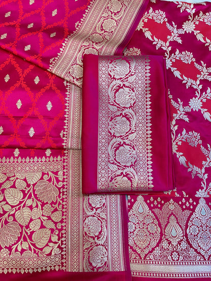 Pure Handloom Magenta Mashru Silk Floral Rangkaat Floral Zari Jaal Banarasi 3 pcs Suit Set 26AJ_MSR1