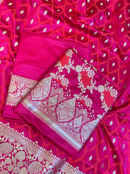 Pure Handloom Magenta Mashru Silk Floral Rangkaat Floral Zari Jaal Banarasi 3 pcs Suit Set 26AJ_MSR1
