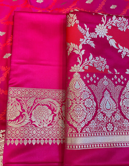 Pure Handloom Magenta Mashru Silk Floral Rangkaat Floral Zari Jaal Banarasi 3 pcs Suit Set 26AJ_MSR1
