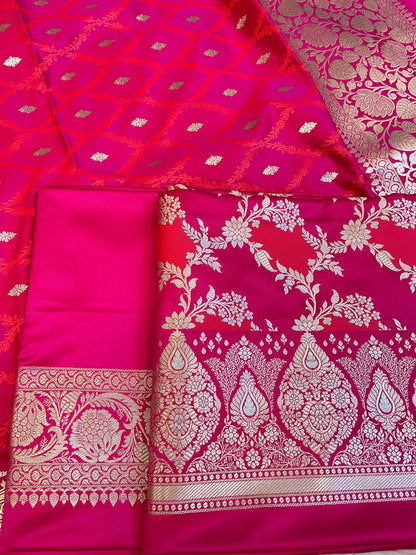 Pure Handloom Magenta Mashru Silk Floral Rangkaat Floral Zari Jaal Banarasi 3 pcs Suit Set 26AJ_MSR1
