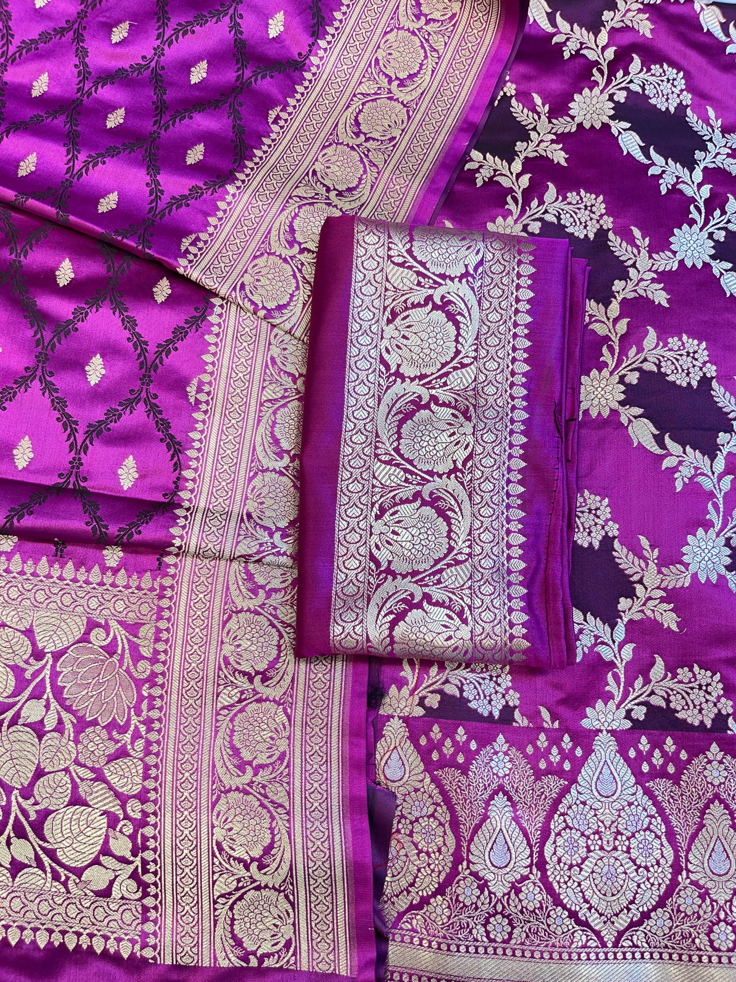 Pure Handloom Purple Mashru Silk Floral Rangkaat Floral Zari Jaal Banarasi 3 pcs Suit Set 26AJ_MSR4