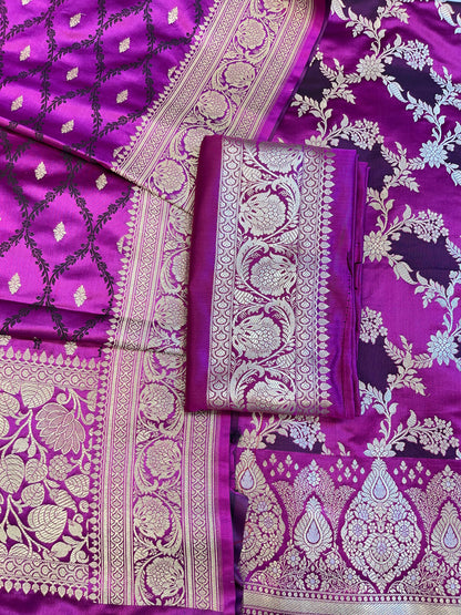 Pure Handloom Purple Mashru Silk Floral Rangkaat Floral Zari Jaal Banarasi 3 pcs Suit Set 26AJ_MSR4