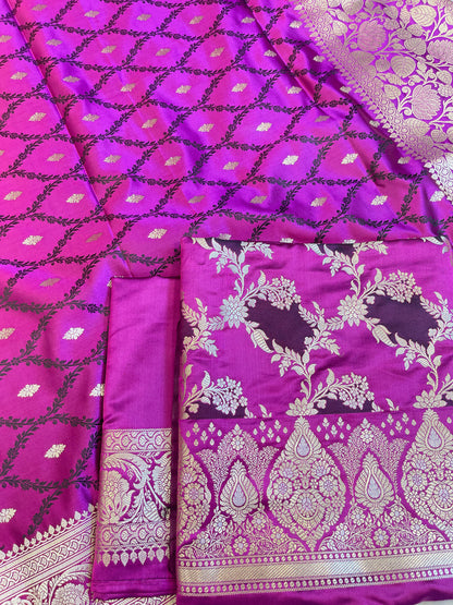 Pure Handloom Purple Mashru Silk Floral Rangkaat Floral Zari Jaal Banarasi 3 pcs Suit Set 26AJ_MSR4