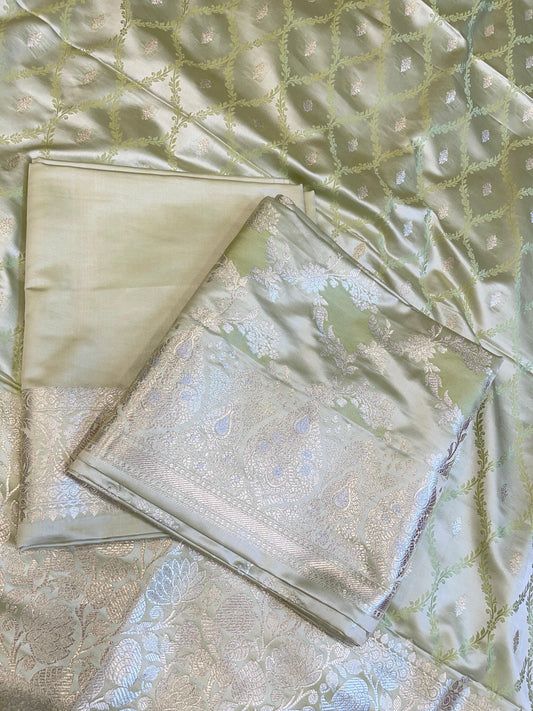 Pure Handloom Olive Green Mashru Silk Floral Rangkaat Floral Zari Jaal Banarasi 3 pcs Suit Set 26AJ_MSR6