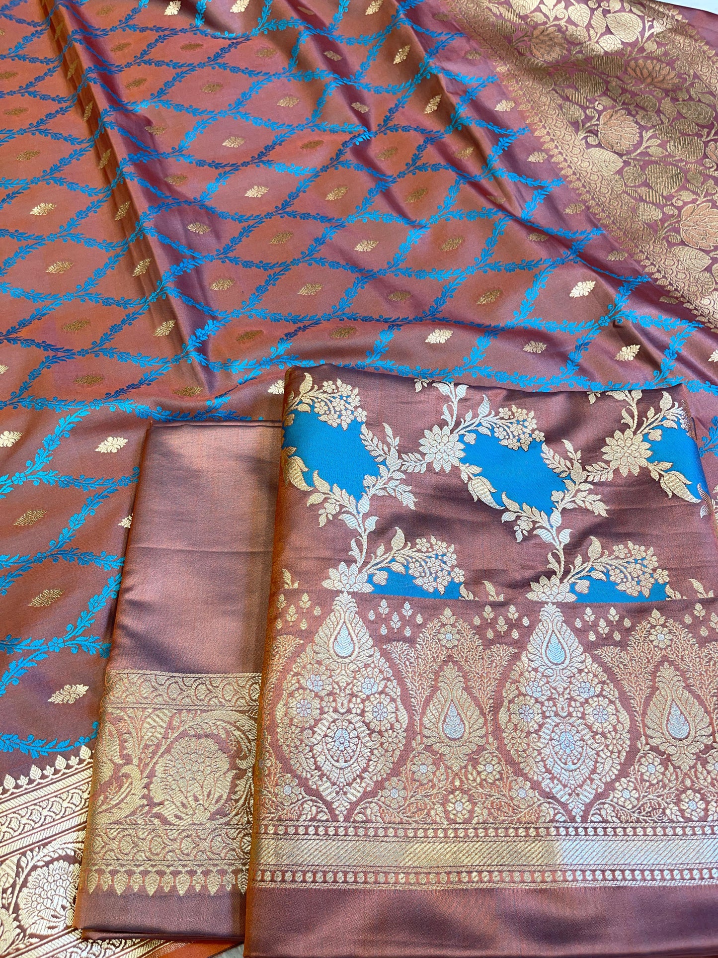 Pure Handloom Dark Brown Mashru Silk Floral Rangkaat Floral Zari Jaal Banarasi 3 pcs Suit Set 26AJ_MSR7